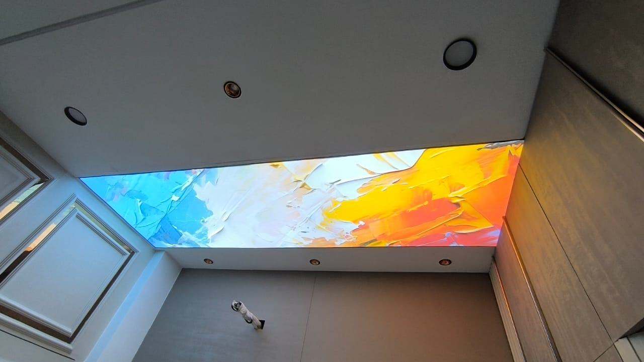 Actual BION printed backlit stretch ceiling with colourful abstract artwork